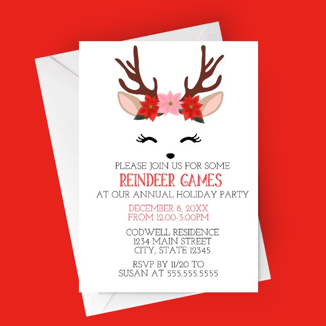 Reindeer Games Fête Invitation (Reindeer Games Minimalist Holiday Party Invitation | Deer with Flower Crown | Christmas Party)