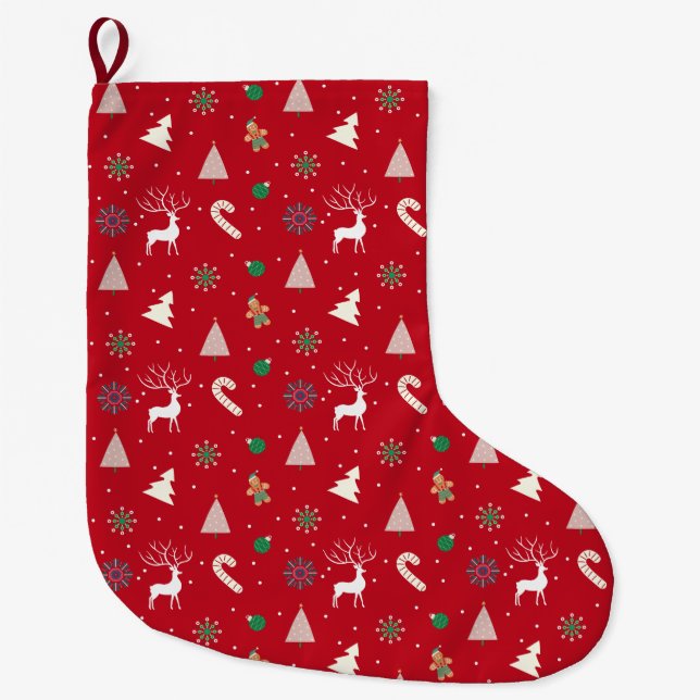 Reindeer, Gingerbread, Snowflakes & Candy Canes Large Christmas Stocking (Front)