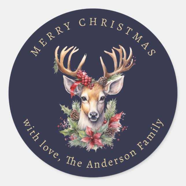 Reindeer Holly Berries Watercolor Christmas Classic Round Sticker (Front)