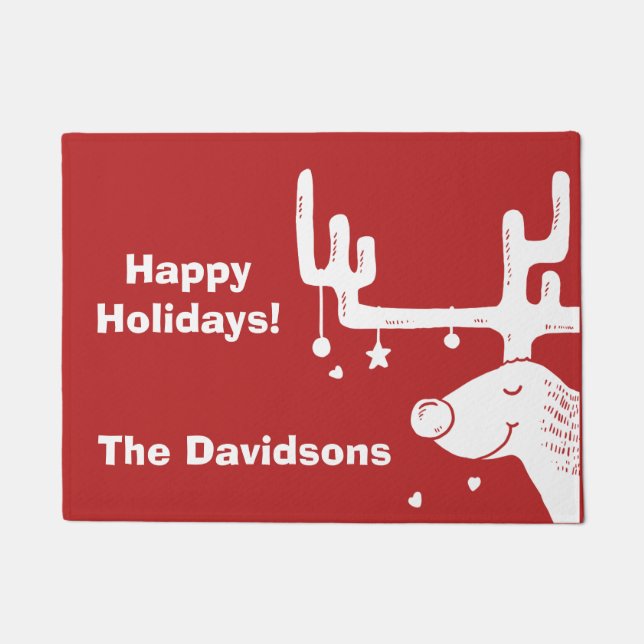 Reindeer illustration custom text door mat (Front)