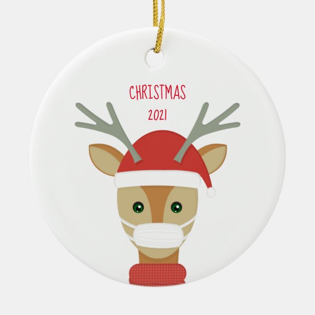 Reindeer in Face Mask Christmas 202 Ceramic Orname Ceramic Ornament (Front)