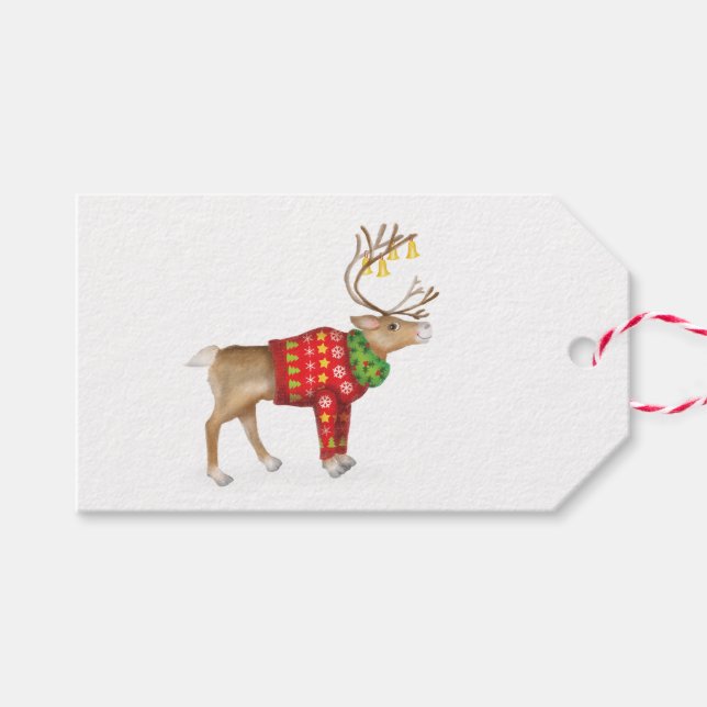 Reindeer in festive jumper Christmas gift tags (Front (Horizontal))