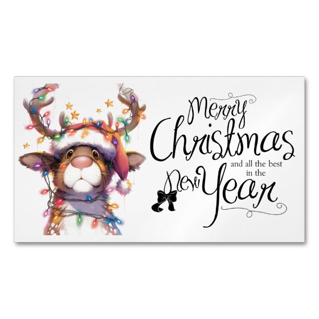 Reindeer in Lights Merry Christmas Happy New Year Magnetic Business Card (Front)