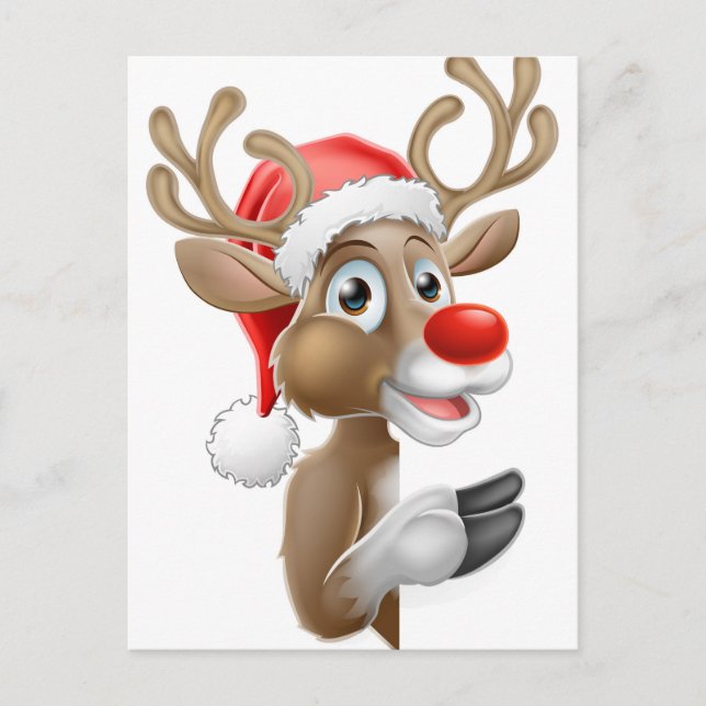 Reindeer in Santa Hat Pointing from Behind Sign Holiday Postcard (Front)