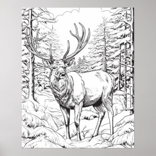 Reindeer in Snowy Woods Coloring Poster