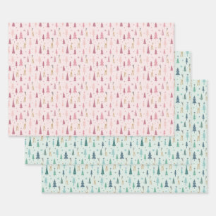 Reindeer in the forest in mint green and pink wrap wrapping paper sheet