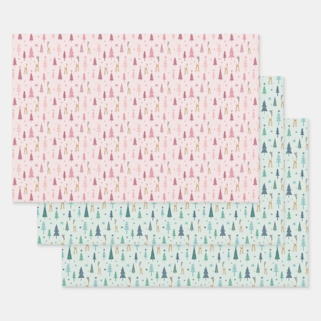 Reindeer in the forest in mint green and pink wrap wrapping paper sheet (Set)