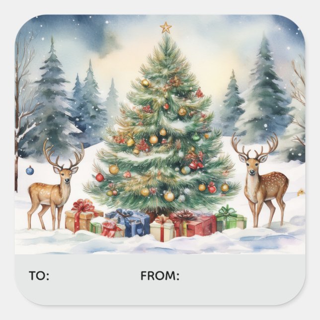 Reindeer in the Snow with Christmas Tree TO FROM Square Sticker (Front)
