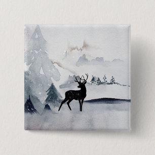 Reindeer in the Wild Grey Watercolor Christmas 2 Inch Square Button