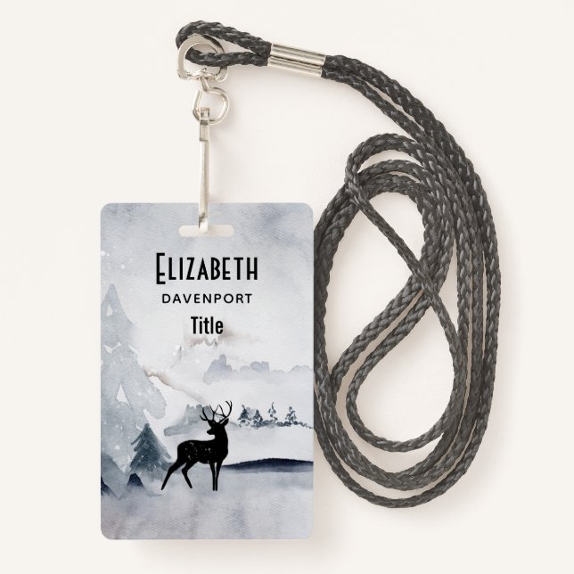 Reindeer in the Wild Grey Watercolor Christmas Badge (Front with Lanyard)