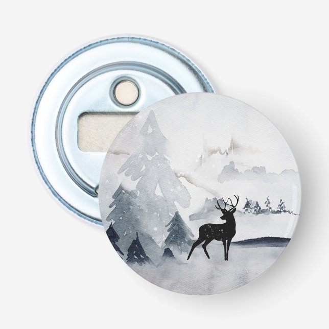 Reindeer in the Wild Grey Watercolor Christmas Bottle Opener (Front)