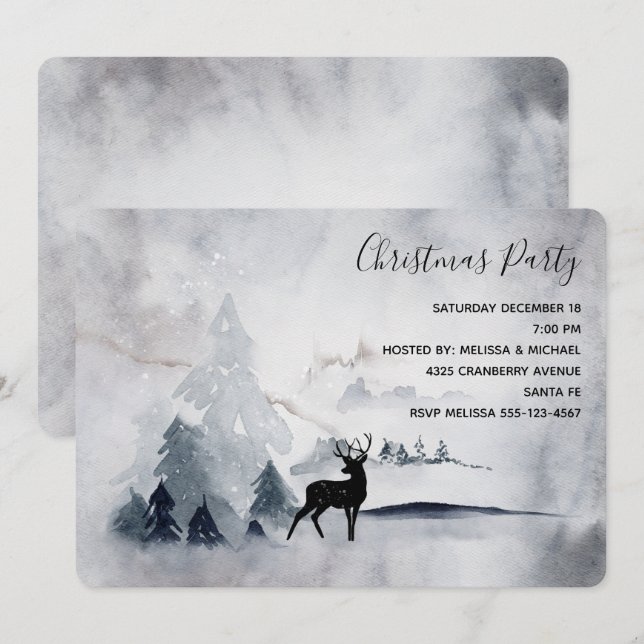Reindeer in the Wild Grey Watercolor Christmas Invitation (Front/Back)
