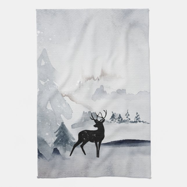 Reindeer in the Wild Grey Watercolor Christmas Kitchen Towel (Vertical)