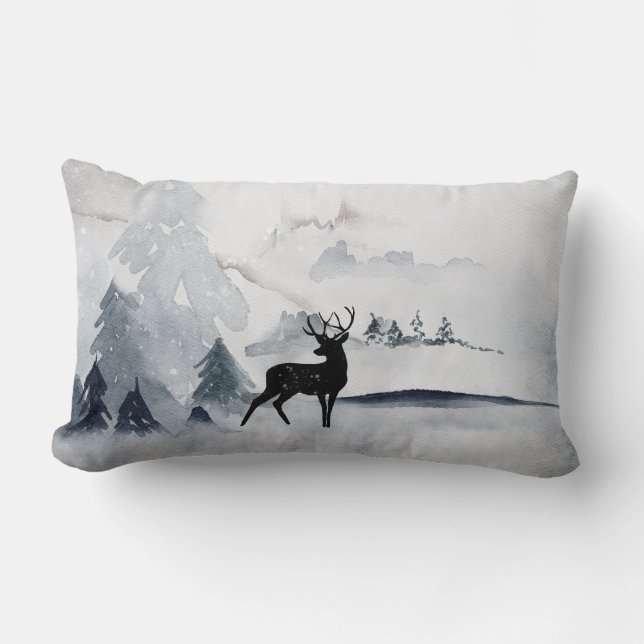 Reindeer in the Wild Grey Watercolor Christmas Lumbar Pillow (Front)