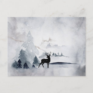 Reindeer in the Wild Grey Watercolor Christmas Postcard