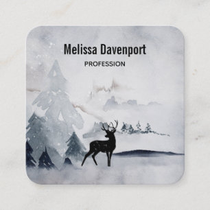Reindeer in the Wild Grey Watercolor Christmas Square Business Card