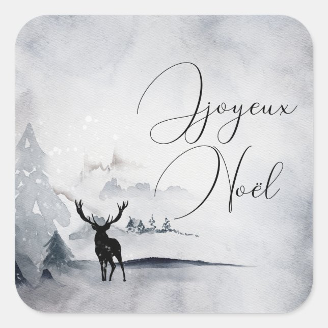 Reindeer in the Wild Grey Watercolor Christmas Square Sticker (Front)