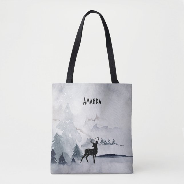 Reindeer in the Wild Grey Watercolor Christmas Tote Bag (Front)