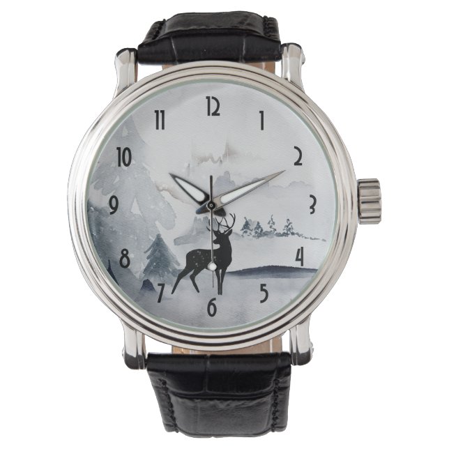 Reindeer in the Wild Grey Watercolor Christmas Watch (Front)