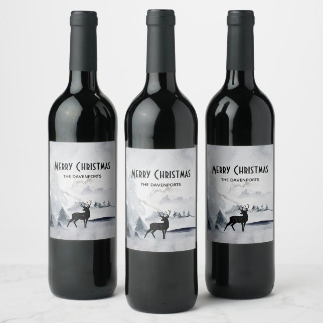 Reindeer in the Wild Grey Watercolor Christmas Wine Label (Bottles)