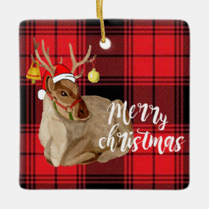 Reindeer Jingle Bell Christmas Tree Ornament Plaid