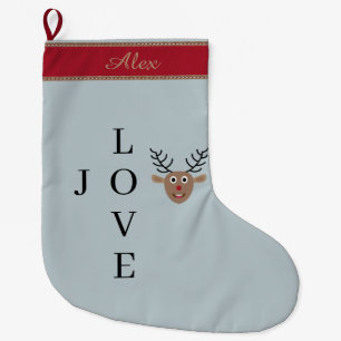 Reindeer Joy Love Light Blue Red Custom Name Large Christmas Stocking