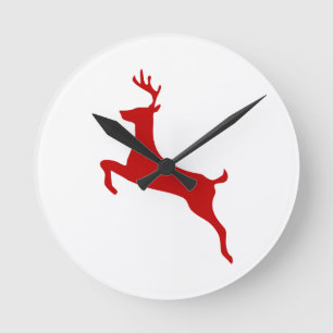 Reindeer Jump Christmas Red Silhouette Golf Balls Round Clock
