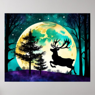 Reindeer Leaping Full moon Holiday*personalize* Poster