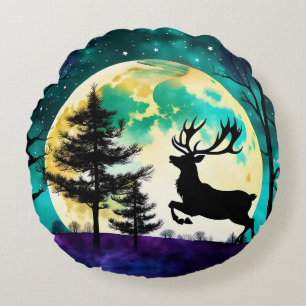 Reindeer Leaping Full moon on the Round Pillow