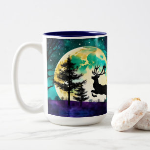 Reindeer Leaping Full moon on the  Two-Tone Coffee Mug