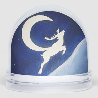 Reindeer Leaping Snowy Moonlit Mountain Snow Globe