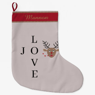 Reindeer Love Joy Kisses Blush Pink Custom Name Large Christmas Stocking