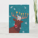 Reindeer Menorah for Christmas and Hannukah Holiday Card<br><div class="desc">A grey squirrel and a good-natured reindeer celebrate Hannukah on a snowy evening. This sweet card is especially made for those of us who observe both Christmas and Hannukah.</div>