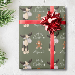 Reindeer Merry Christmas Personalized Sage Green Wrapping Paper