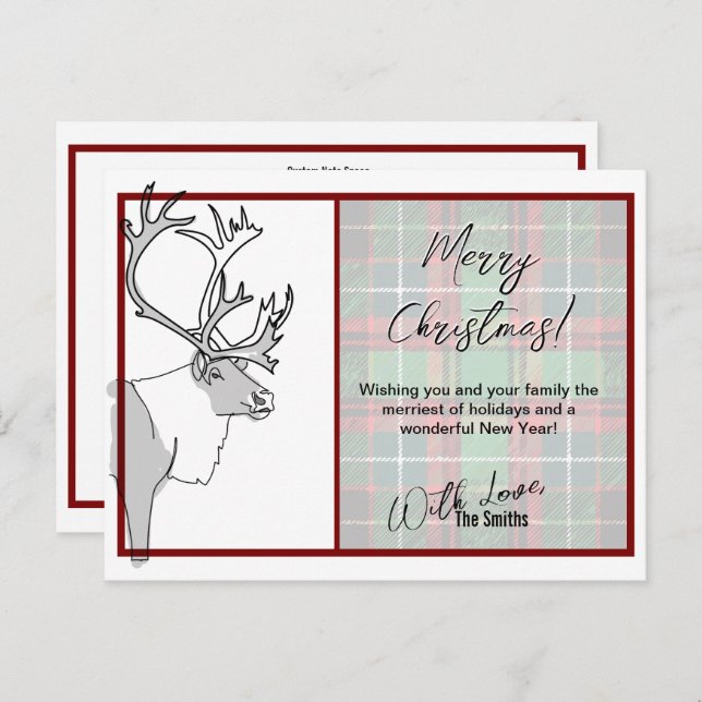 Reindeer Merry Christmas plaid Customizable Postcard (Front/Back)