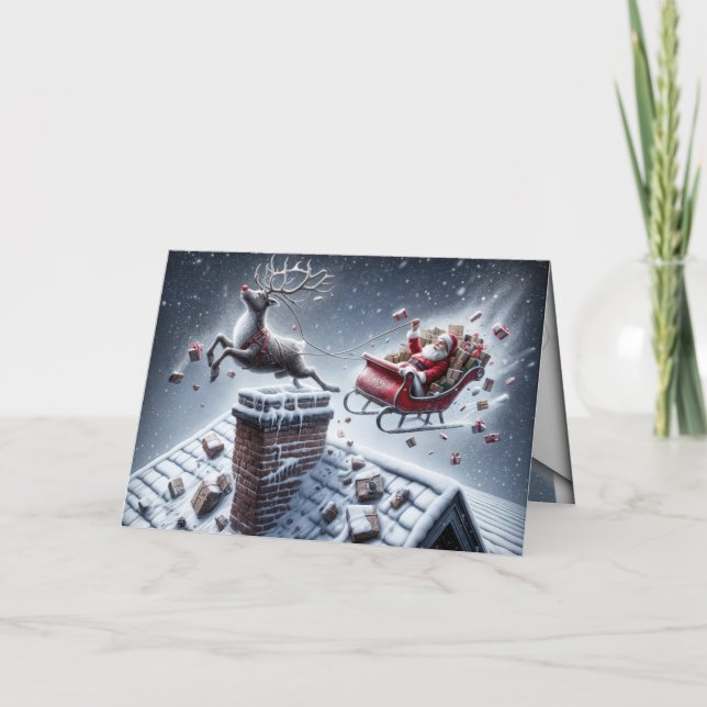 Reindeer Mishap On a Snowy Roof Holiday Card (Front)
