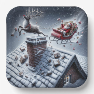 Reindeer Mishap On a Snowy Roof Paper Plate