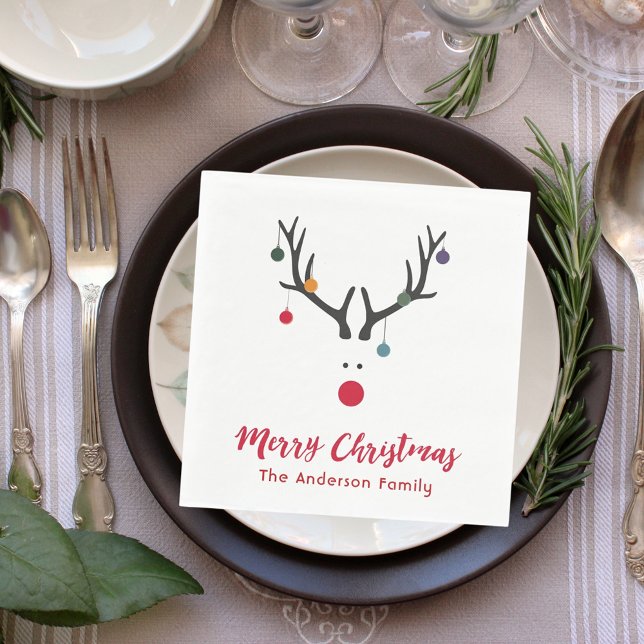 Reindeer modern white red Christmas dinner Napkin (Creator Uploaded)