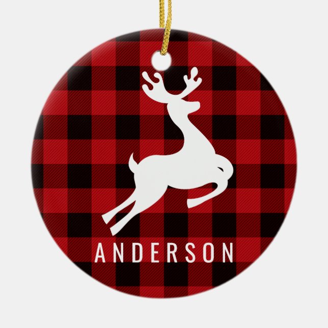 Reindeer Monogram | Deep Red Buffalo Plaid Ceramic Ornament (Front)