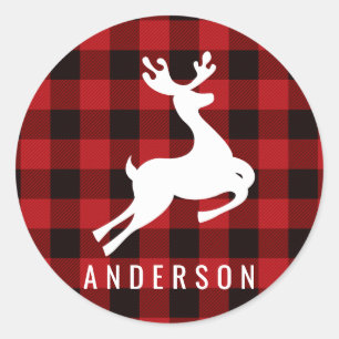 Reindeer Monogram   Deep Red Buffalo Plaid Classic Round Sticker