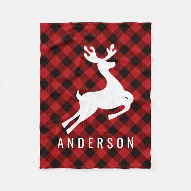 Reindeer Monogram | Deep Red Buffalo Plaid Fleece Blanket (Front)