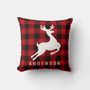 Reindeer Monogram   Deep Red Buffalo Plaid Throw Pillow
