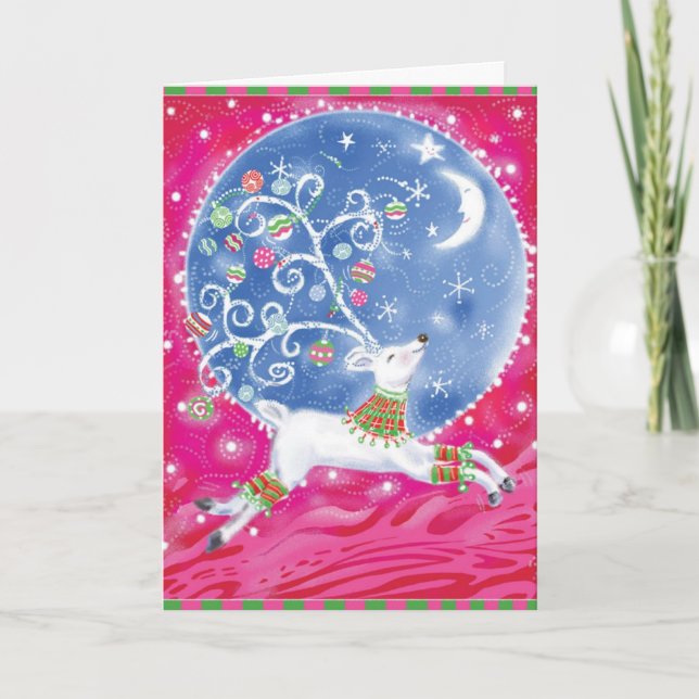 Reindeer Moon Retro Abstract Christmas Card (Front)