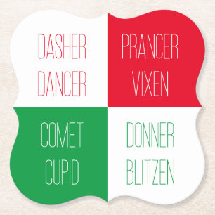 REINDEER NAMES Bracket Paper Coasters