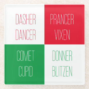 REINDEER NAMES Glass Drink Coaster 