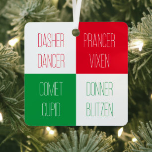 REINDEER NAMES Metal Square Ornament 