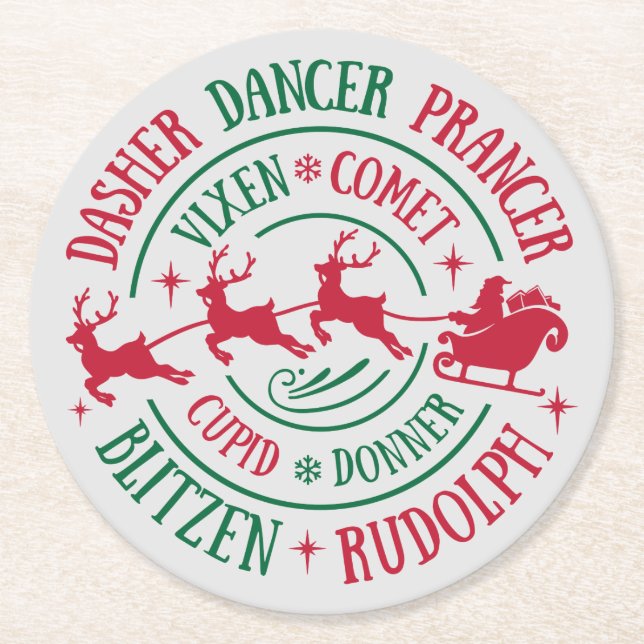 Reindeer Names Round Word Art Paper Coaster (Front)