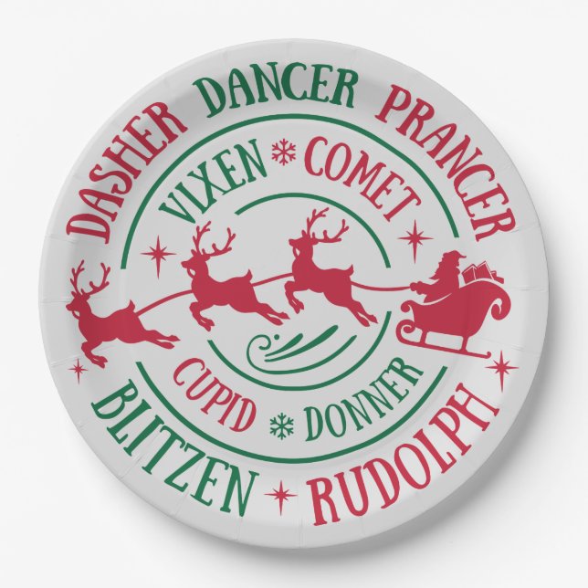 Reindeer Names Round Word Art Paper Plate (Front)