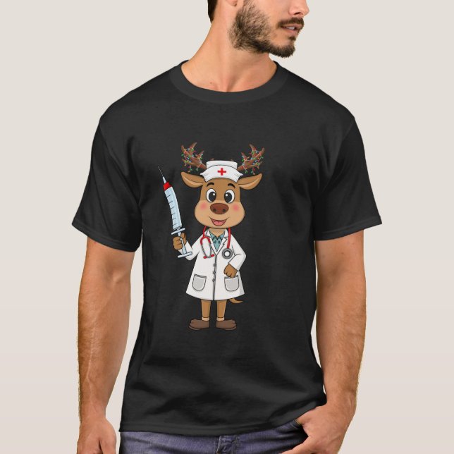 Reindeer Nurse Christmas Nursing Scrub Tops Stetho (Front)