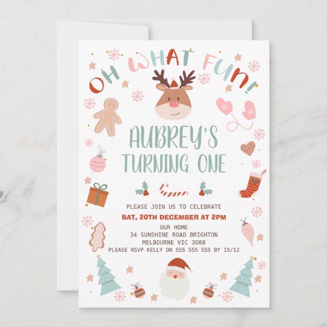 Reindeer Oh What Fun Christmas 1st Birthday Invitation (Front)
